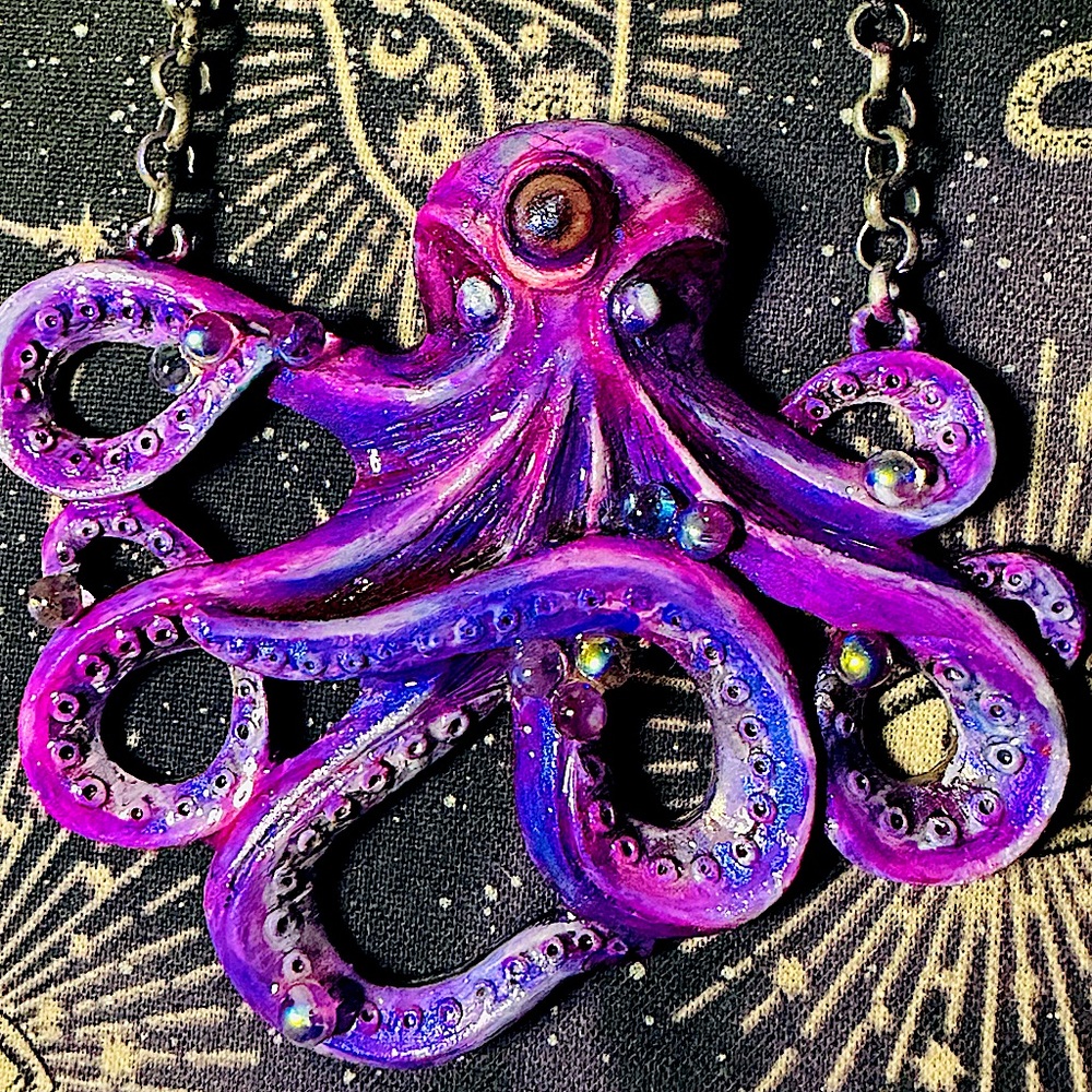 OOAK Vintage LARGE Octopus Long Necklace Sea Spirit Kraken Protection Third Eye